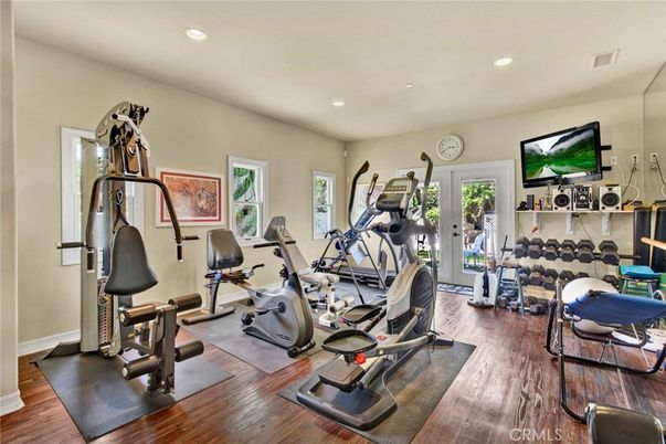 Fitness Equipment, Gym, Interior, Recessed Lighting, Wood Texture Flooring