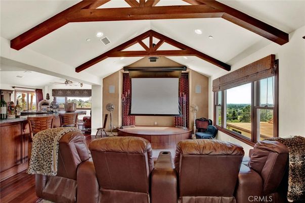 Home Theatre Room, Interior, Projection Screen, Recessed Lighting, Theatre Room, Wooden Beams, Wood Texture Flooring