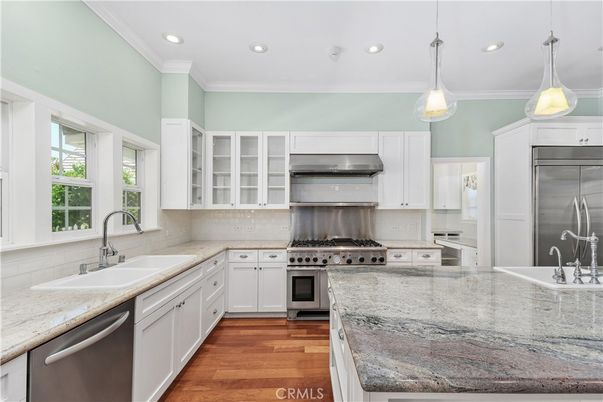 Interior, Kitchen, Pendant Lights, Recessed Lighting, Stainless Steel Appliances, Wood Texture Flooring