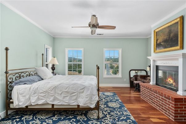 Bedroom, Fireplace, Interior, Wood Texture Flooring