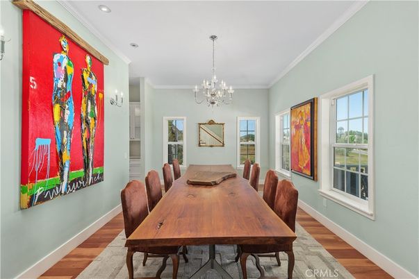 Chandelier, Dining room, Interior, Recessed Lighting, Wood Texture Flooring