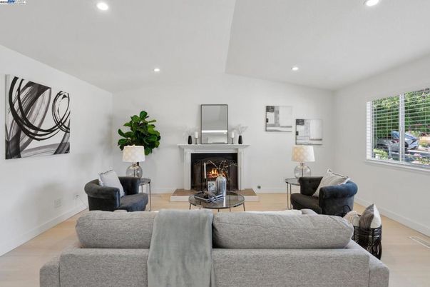 Fireplace, Interior, Living room, Recessed Lighting, Wood Texture Flooring