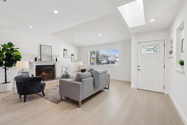 Fireplace, Interior, Living room, Recessed Lighting, Wood Texture Flooring