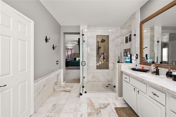 Bathroom, Dual Sink Vanities, Glass Shower, Interior, Marble