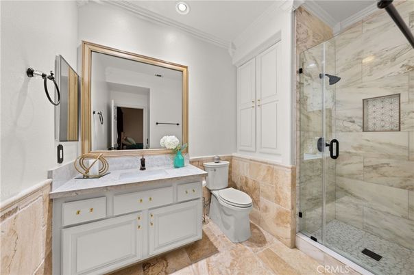 Bathroom, Glass Shower, Interior, Marble Walls, Recessed Lighting