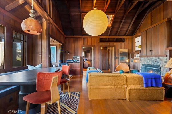 Dining room, Fireplace, Interior, Living room, Pendant Lights, Wooden Ceilings, Wood Texture Flooring, Wooden Walls