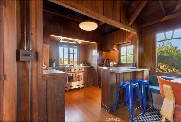 Interior, Kitchen, Pendant Lights, Stainless Steel Appliances, Wooden Beams, Wooden Ceilings, Wood Texture Flooring, Wooden Walls