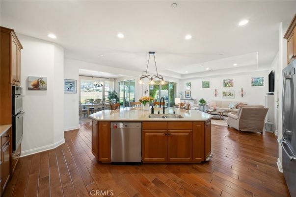 Dining room, Interior, Kitchen, Living room, Pendant Lights, Recessed Lighting, Stainless Steel Appliances, Wood Texture Flooring