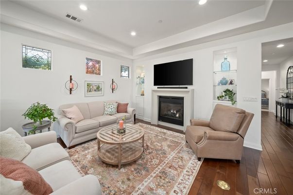 Fireplace, Interior, Living room, Recessed Lighting, Wood Texture Flooring