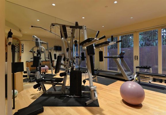 Fitness Equipment, Gym, Interior, Recessed Lighting, Wood Texture Flooring