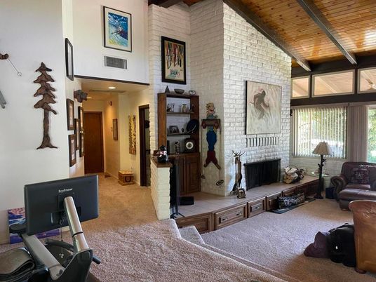 Fireplace, Fitness Equipment, Interior, Stone Walls, Wooden Beams, Wooden Ceilings