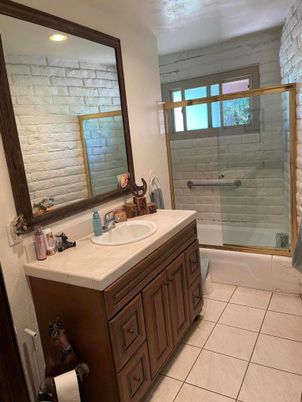 Bathroom, Glass Shower, Interior, Recessed Lighting, Tile Countertops