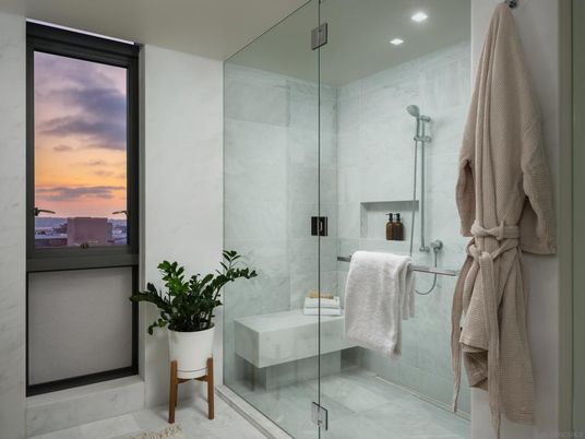 Bathroom, Glass Shower, Interior, Marble, Marble Walls, Recessed Lighting