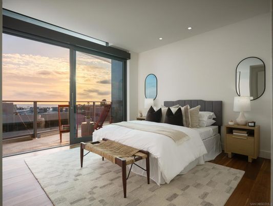 Bedroom, Interior, Recessed Lighting, Water, Wood Texture Flooring