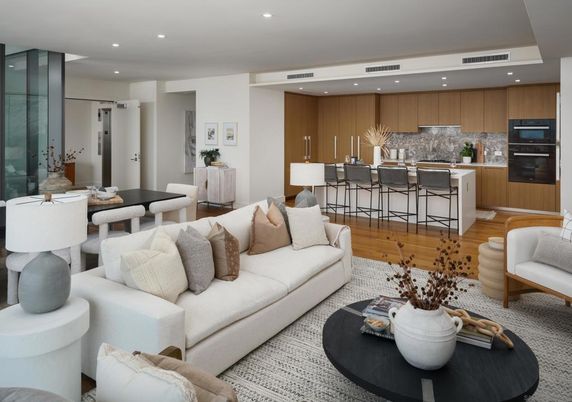 Dining room, Interior, Kitchen, Living room, Recessed Lighting, Wood Texture Flooring
