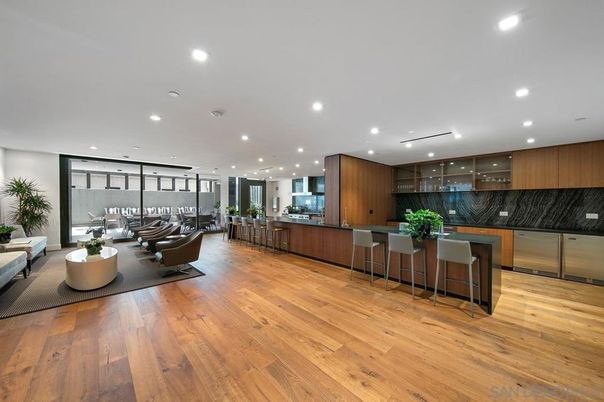 Fitness Equipment, Interior, Kitchen, Living room, Recessed Lighting, Wood Texture Flooring