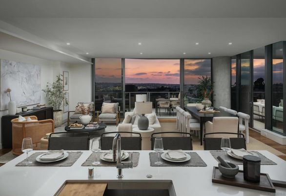 Dining room, Interior, Living room, Recessed Lighting, Wood Texture Flooring