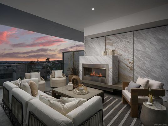 Fireplace, Interior, Living room, Marble Walls, Recessed Lighting