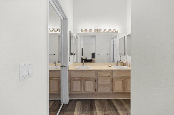 Bathroom, Dual Sink Vanities, Interior, Wood Texture Flooring