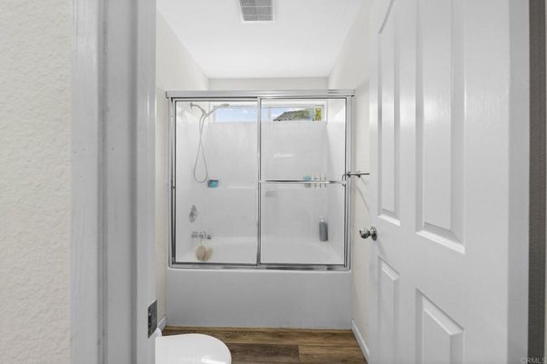 Bathroom, Glass Shower, Interior, Wood Texture Flooring