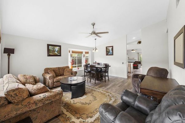 Dining room, Interior, Living room, Pendant Lights, Recessed Lighting, Wood Texture Flooring