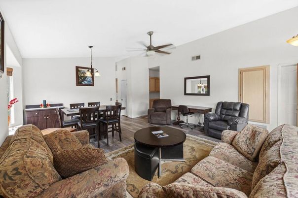 Dining room, Interior, Living room, Pendant Lights, Wood Texture Flooring