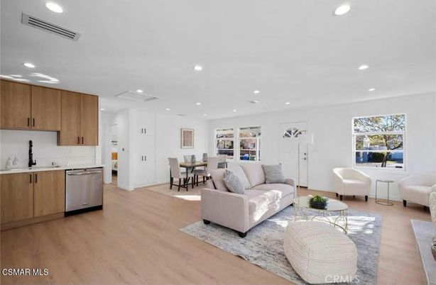 Dining room, Interior, Kitchen, Living room, Recessed Lighting, Stainless Steel Appliances, Wood Texture Flooring