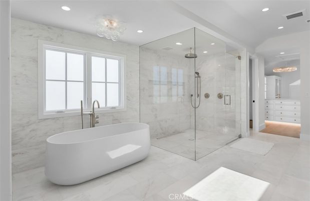 Bathroom, Free Standing Baths, Glass Shower, Interior, Marble, Marble Walls, Recessed Lighting