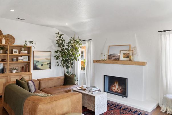 Fireplace, Interior, Living room, Recessed Lighting, Wood Texture Flooring