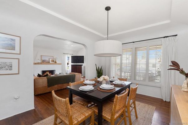 Dining room, Fireplace, Interior, Living room, Pendant Lights, Wood Texture Flooring
