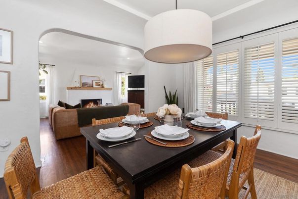 Dining room, Fireplace, Interior, Living room, Pendant Lights, Wood Texture Flooring