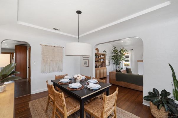Dining room, Interior, Pendant Lights, Wood Texture Flooring
