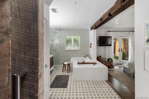 Bathroom, Glass Shower, Interior, Recessed Lighting, Wooden Beams