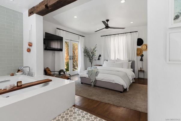 Bedroom, Interior, Recessed Lighting, Wooden Beams, Wood Texture Flooring