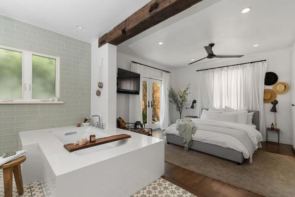 Bedroom, Interior, Recessed Lighting, Wooden Beams, Wood Texture Flooring