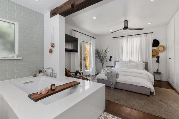 Bathroom, Bedroom, Interior, Recessed Lighting, Wooden Beams, Wood Texture Flooring