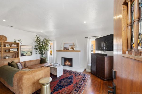Fireplace, Interior, Living room, Recessed Lighting, Wood Texture Flooring