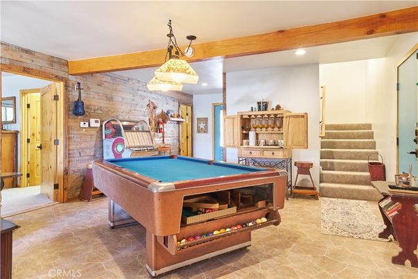 Billiard Table, Game Room, Interior, Pendant Lights, Recessed Lighting, Stone Walls