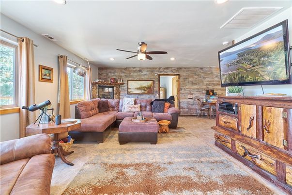 Fireplace, Interior, Living room, Recessed Lighting, Stone Walls