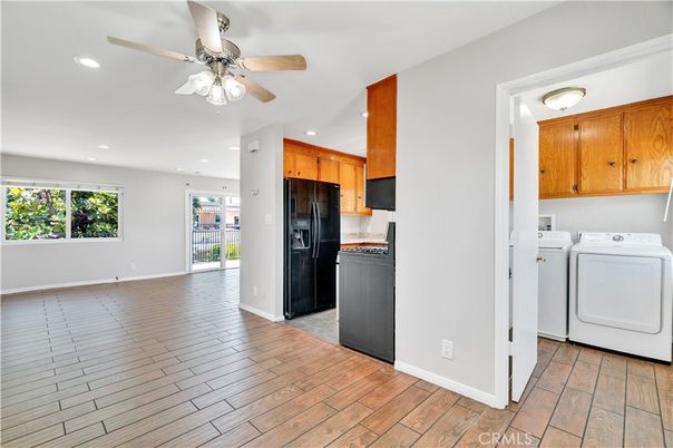 Interior, Kitchen, Recessed Lighting, Utility Closets, Washer, Wood Texture Flooring