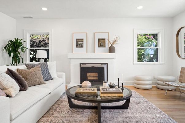 Fireplace, Interior, Living room, Recessed Lighting, Wood Texture Flooring