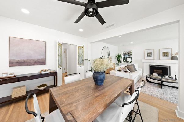 Dining room, Fireplace, Interior, Living room, Recessed Lighting, Wood Texture Flooring