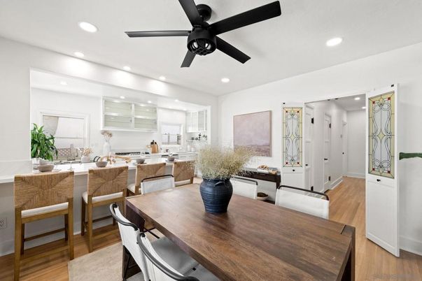 Dining room, Interior, Kitchen, Recessed Lighting, Wood Texture Flooring