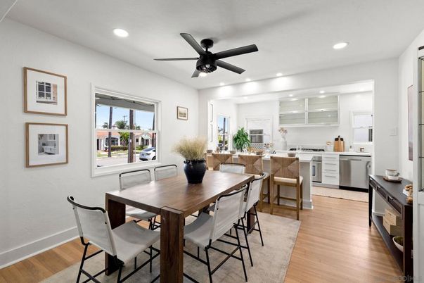 Dining room, Interior, Kitchen, Recessed Lighting, Stainless Steel Appliances, Wood Texture Flooring