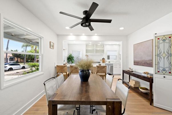 Dining room, Interior, Recessed Lighting, Wood Texture Flooring