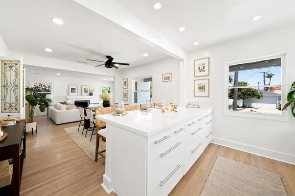 Dining room, Interior, Living room, Recessed Lighting, Wood Texture Flooring