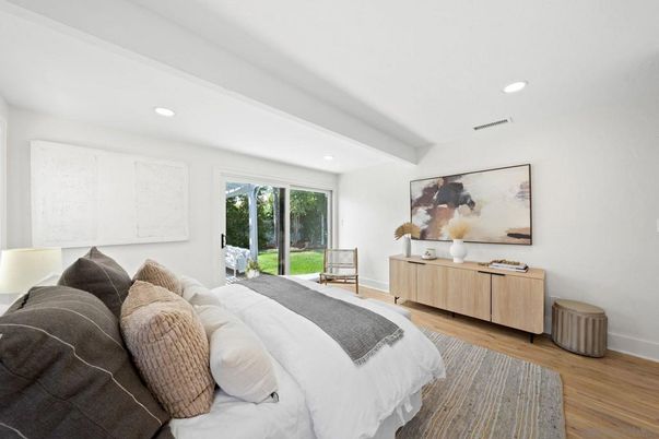 Bedroom, Interior, Recessed Lighting, Wood Texture Flooring