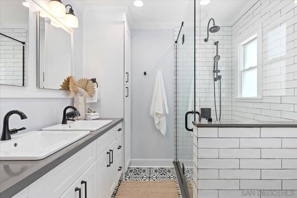 Bathroom, Dual Sink Vanities, Glass Shower, Interior, Recessed Lighting, Wood Texture Flooring