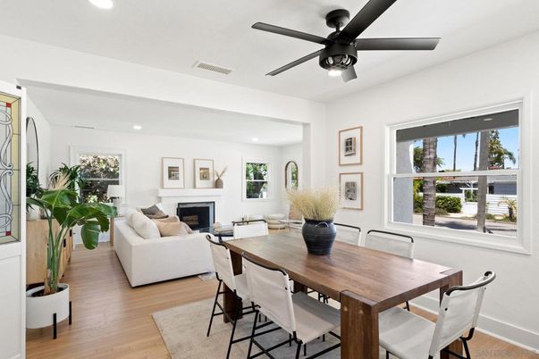 Dining room, Fireplace, Interior, Living room, Recessed Lighting, Wood Texture Flooring