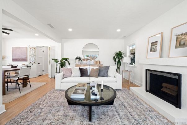 Dining room, Fireplace, Interior, Living room, Recessed Lighting, Wood Texture Flooring